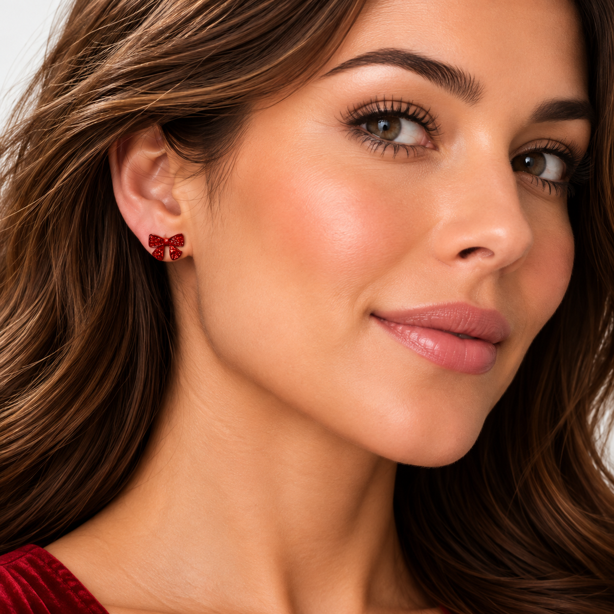 Red Festive Crystal Bow Stud Earrings