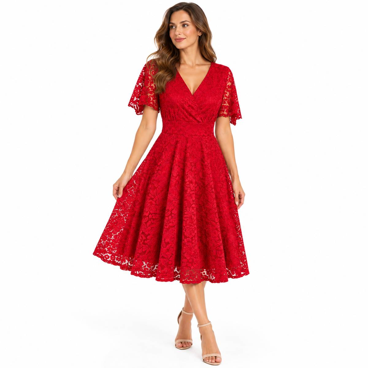 Red Rose Floral Lace Vintage Style Fit and Flare Dress