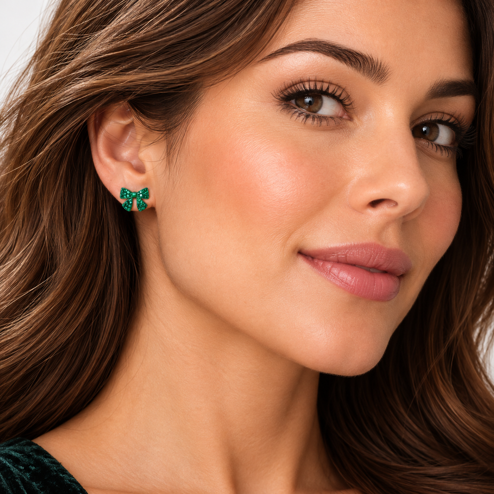 Green Festive Crystal Bow Stud Earrings