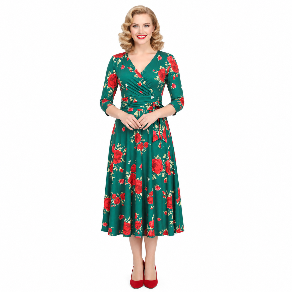 Green And Red Rose Print Cap Sleeve V Neck Wrap Top Swing Tea Dress
