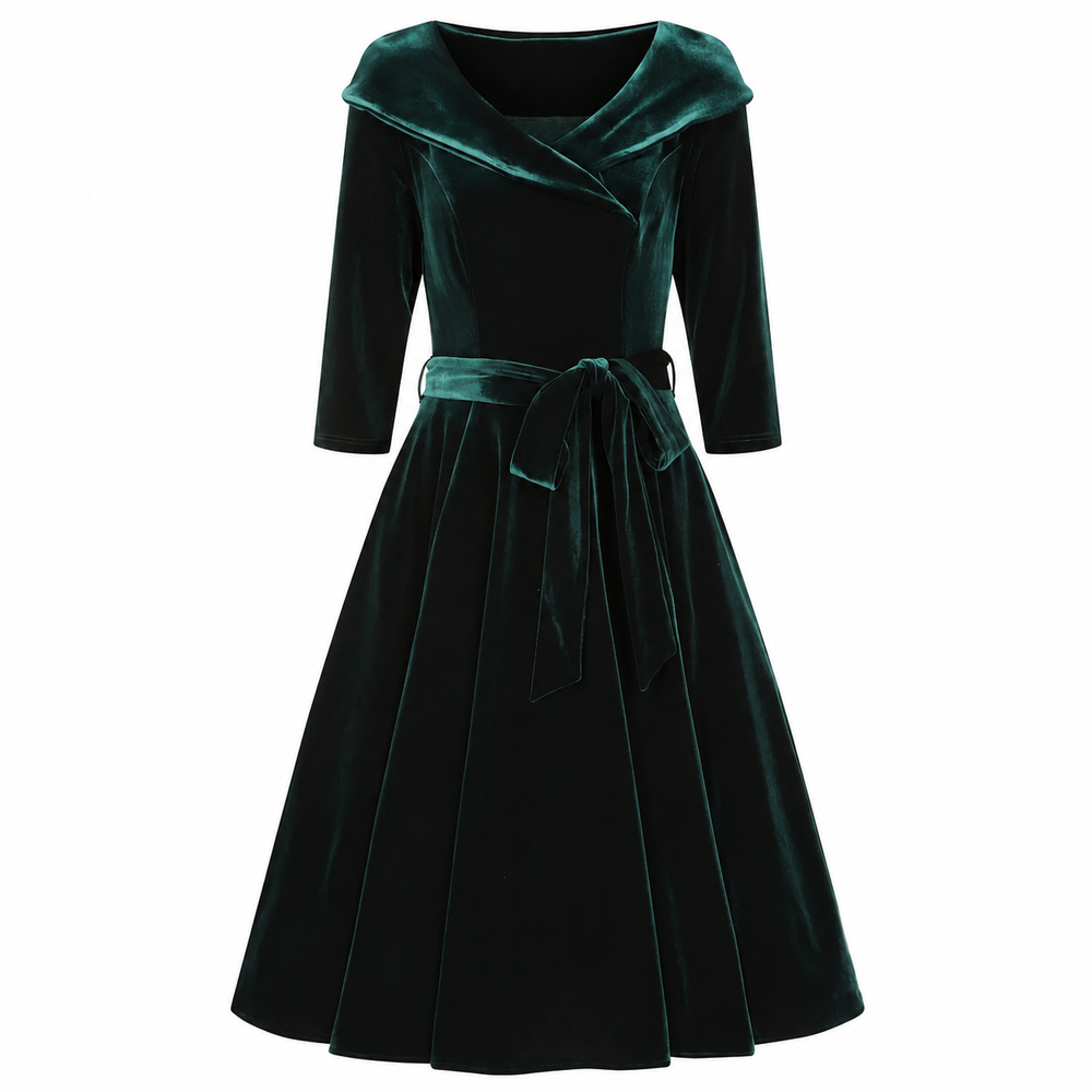 1950s Vintage Style Green Velvet Dress With 3/4 Sleeves and Pockets