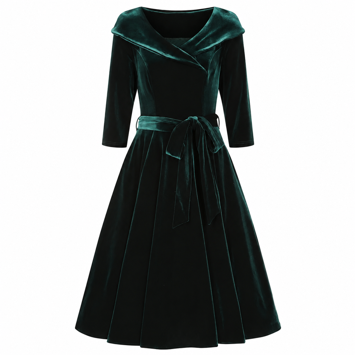 1950s Vintage Style Green Velvet Dress With 3/4 Sleeves and Pockets