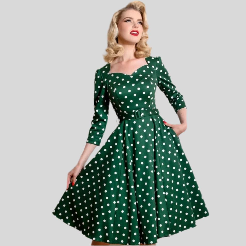 Green And White Polka Dot Vintage 50s 3/4 Sleeve Swing Dress