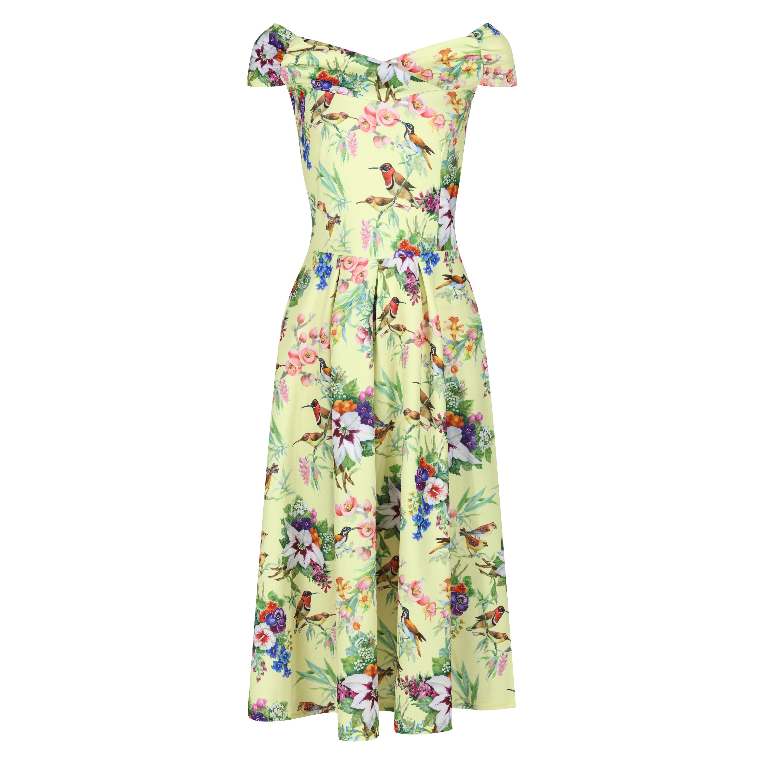 Yellow Floral and Bird Print Cap Sleeve Crossover Bardot Neckline 50s Swing Dress