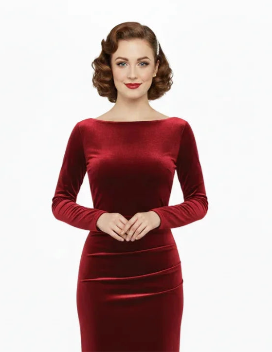Claret Wine Red Long Sleeve Boatneck Bodycon Velour Maxi Dress