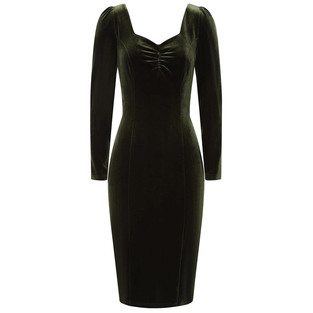 Green Velvet Long Sleeve Sweetheart Wiggle Dress