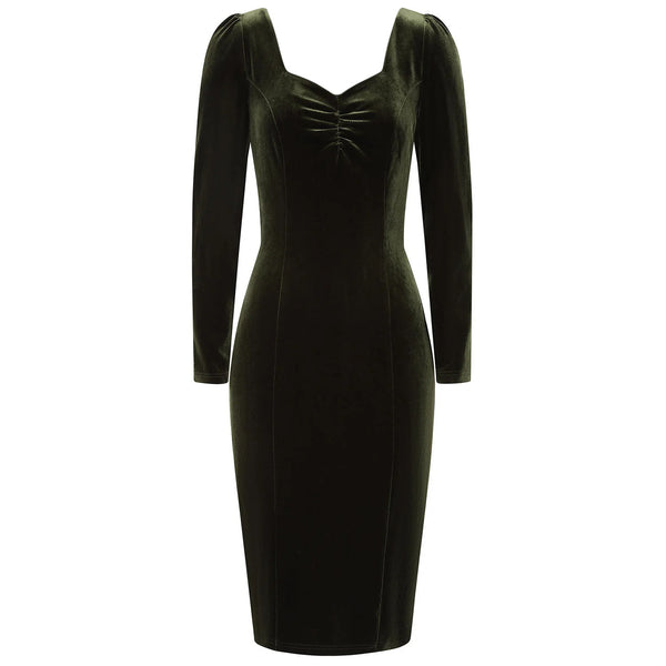 Green Velvet Long Sleeve Sweetheart Wiggle Dress  Pretty Kitty Fashion