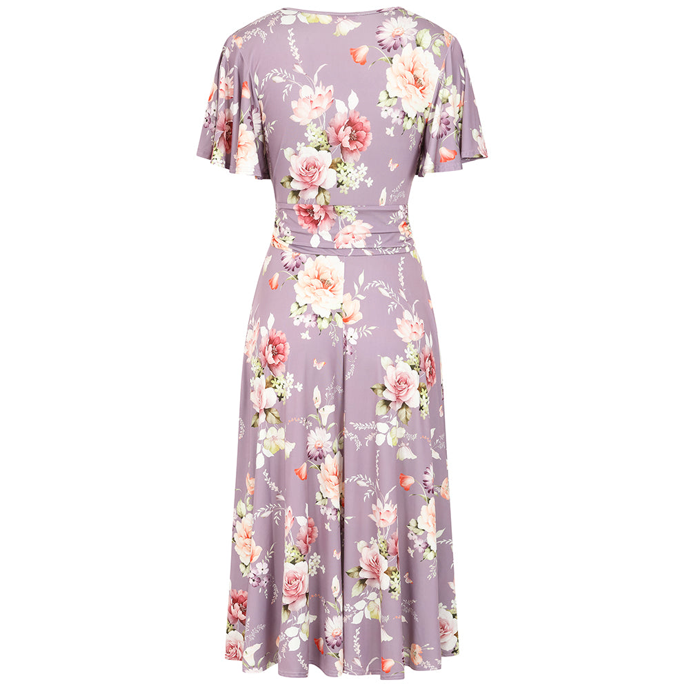Lilac Floral Print Cap Sleeve V Neck Wrap Top Swing Dress
