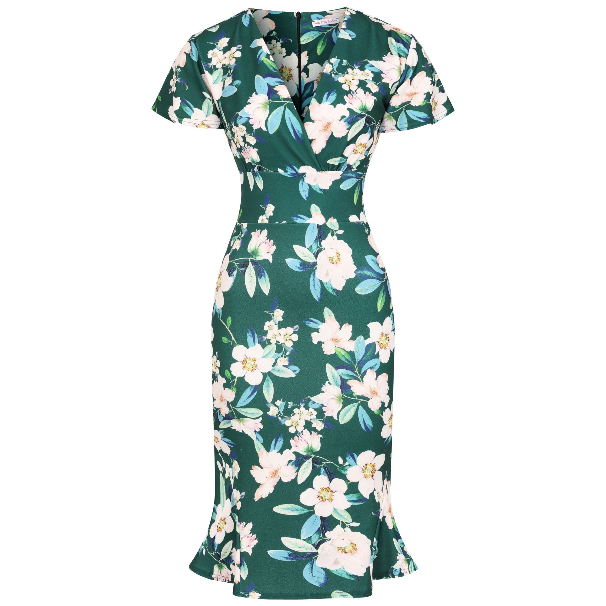 Forest Green Floral Print Wrap Top Cap Sleeve Peplum Hem Wiggle Dress