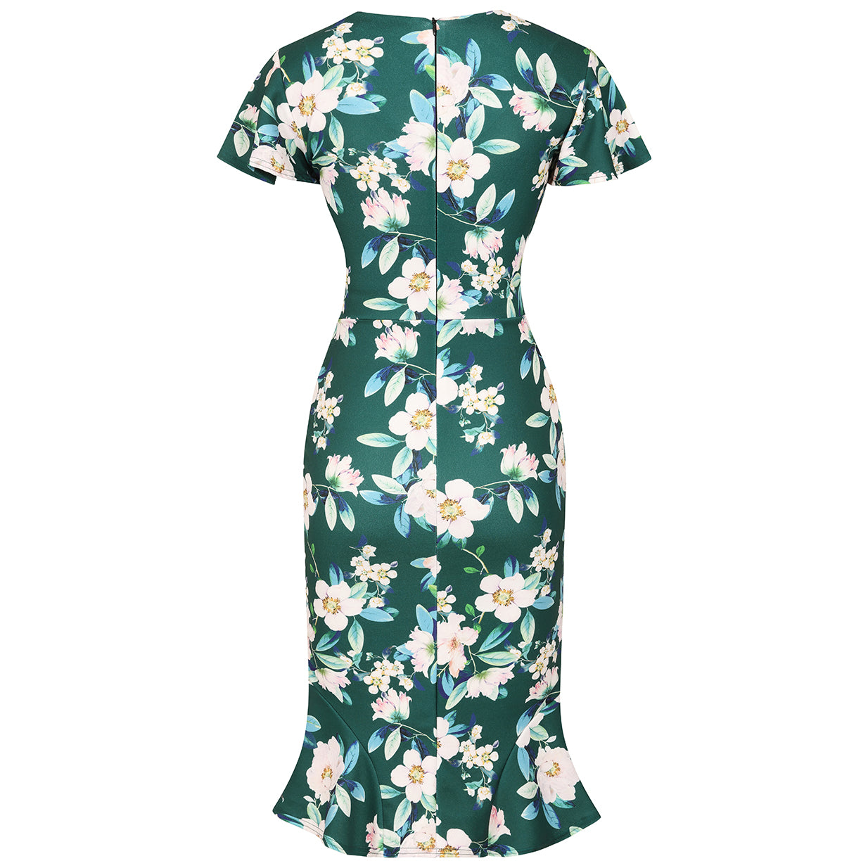 Forest Green Floral Print Wrap Top Cap Sleeve Peplum Hem Wiggle Dress