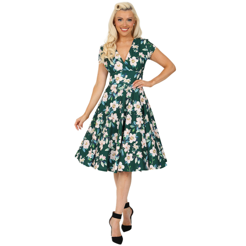 Forest Green Floral Vintage A Line Crossover Capped Sleeve Tea Swing Dress