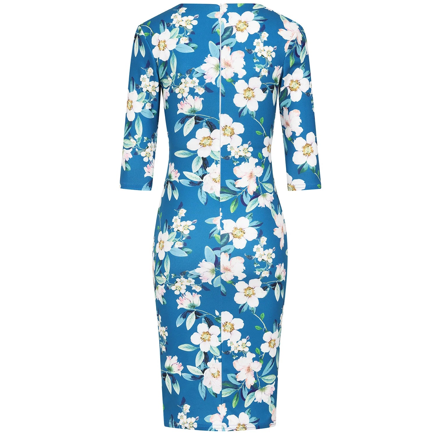 Teal Floral Print 40s 3/4 Sleeve Wiggle Wrap Dress