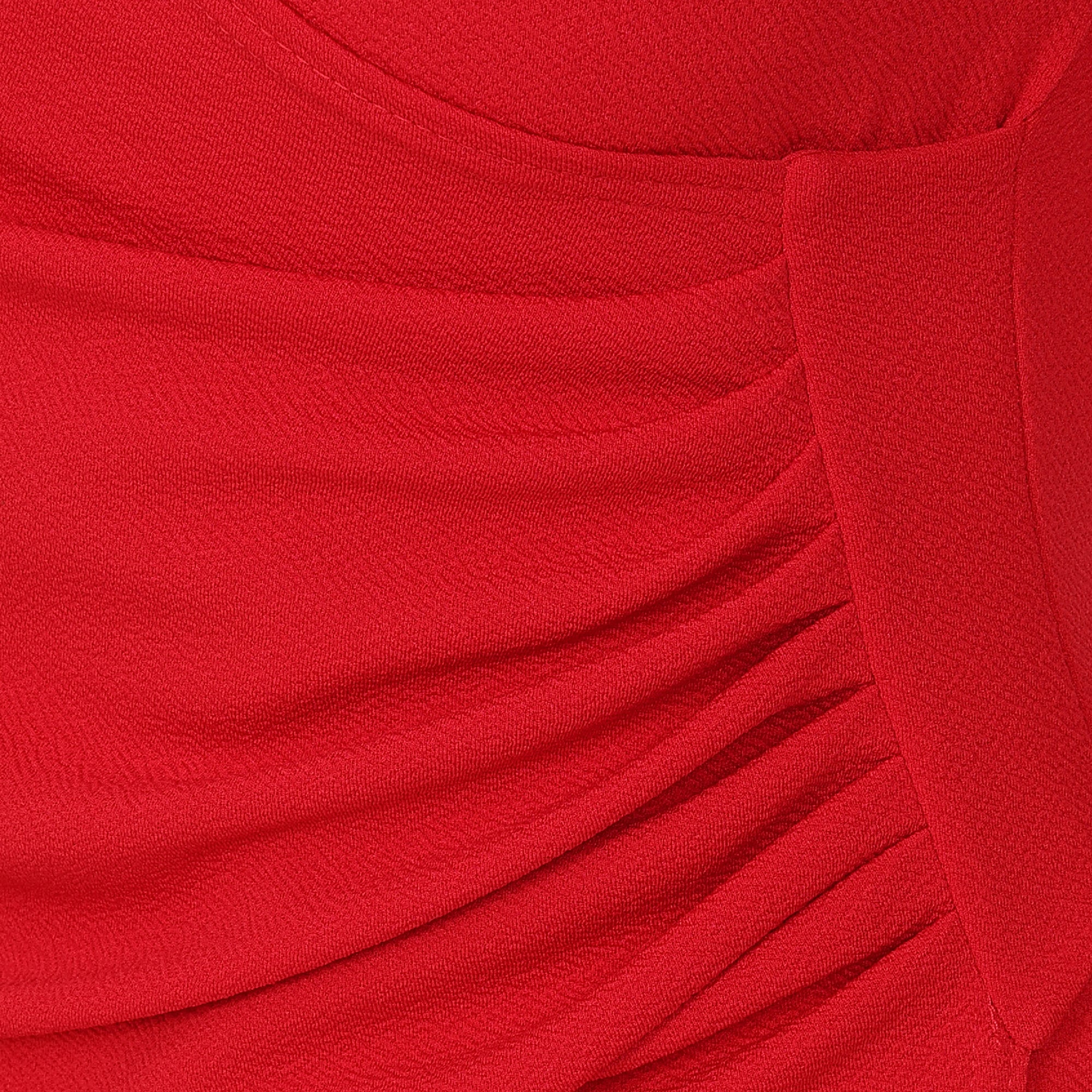 Red 3/4 sleeve deep V neck ruched detail wrap effect dress