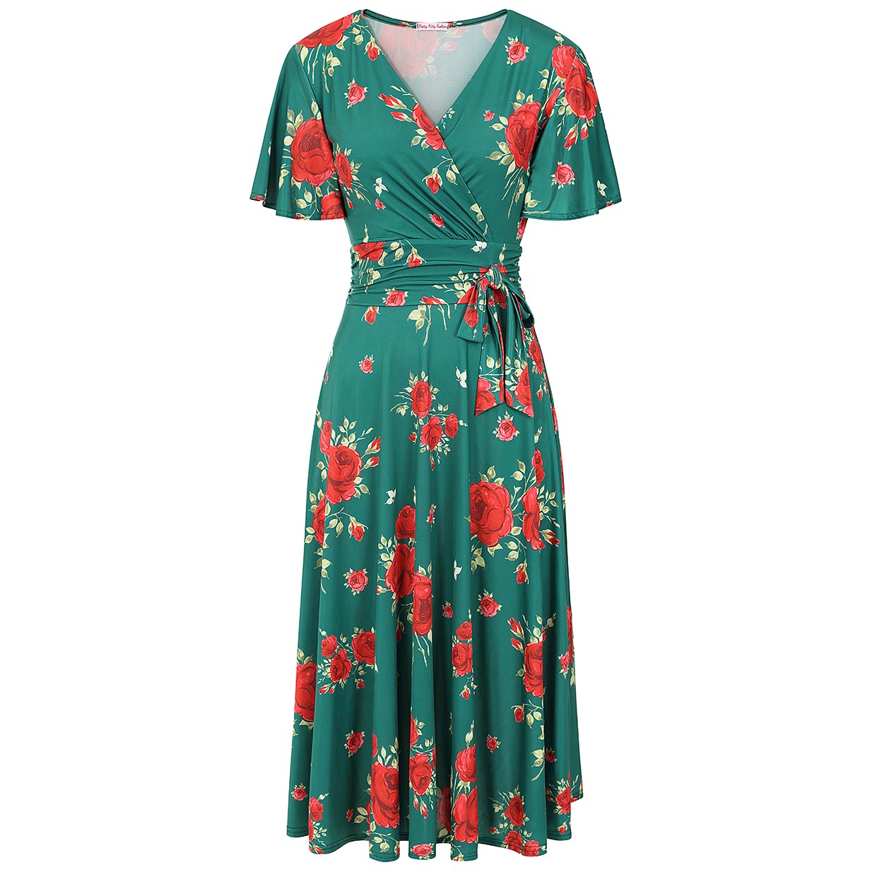 Green And Red Rose Print Cap Sleeve V Neck Wrap Top Swing Tea Dress