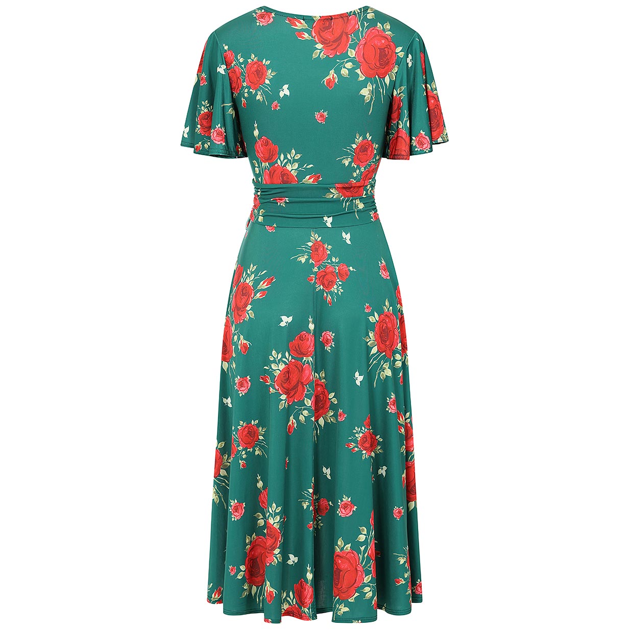 Green And Red Rose Print Cap Sleeve V Neck Wrap Top Swing Tea Dress