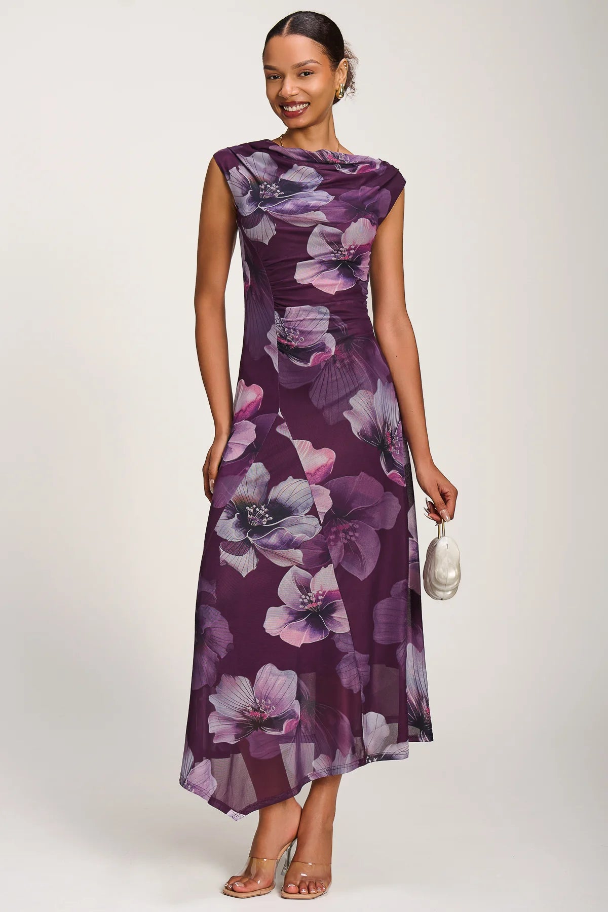 Jolie Moi Purple Floral Cowl Neck Midi Dress – Vintage Inspired Occasion Dress