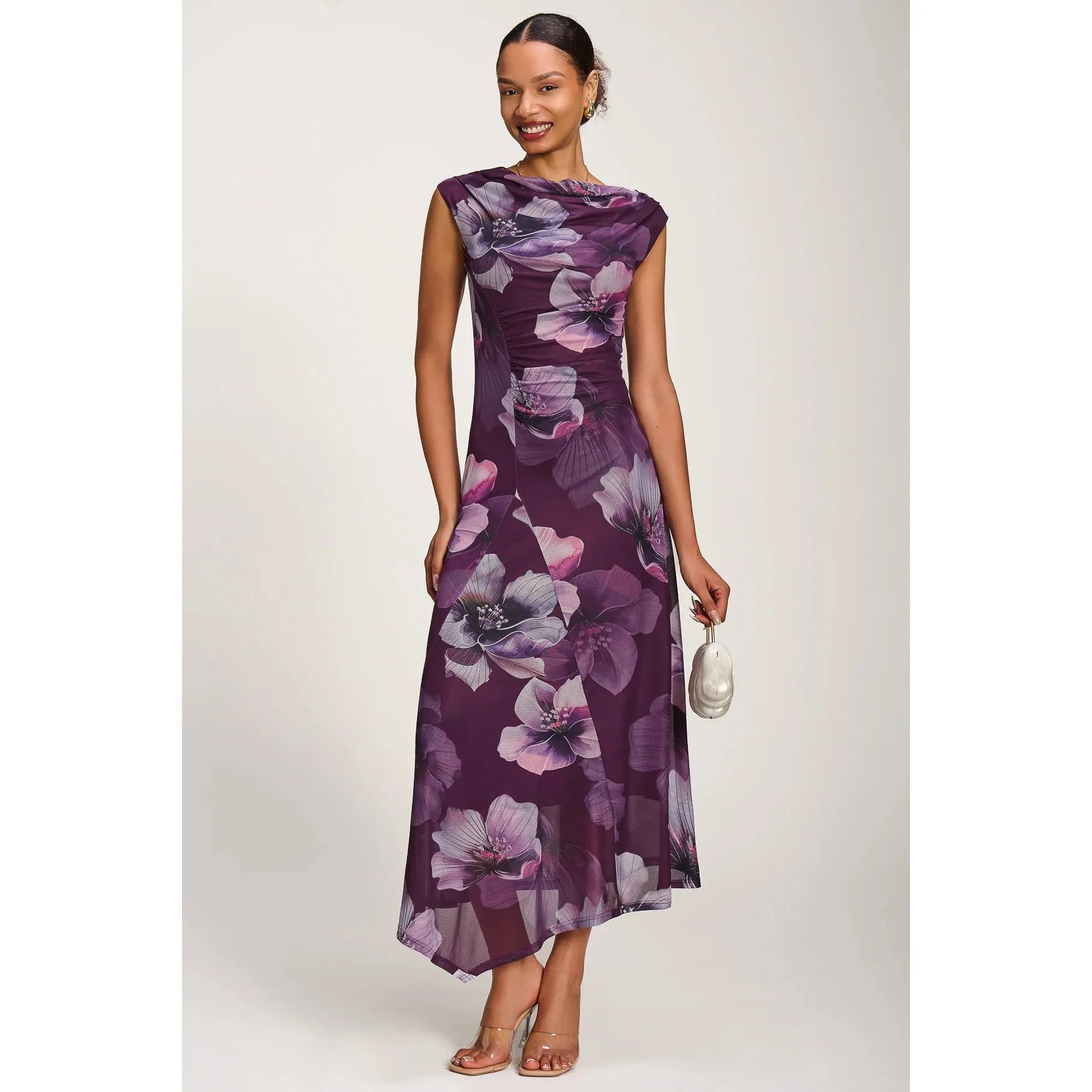 Jolie Moi Purple Floral Cowl Neck Midi Dress – Vintage Inspired Occasion Dress