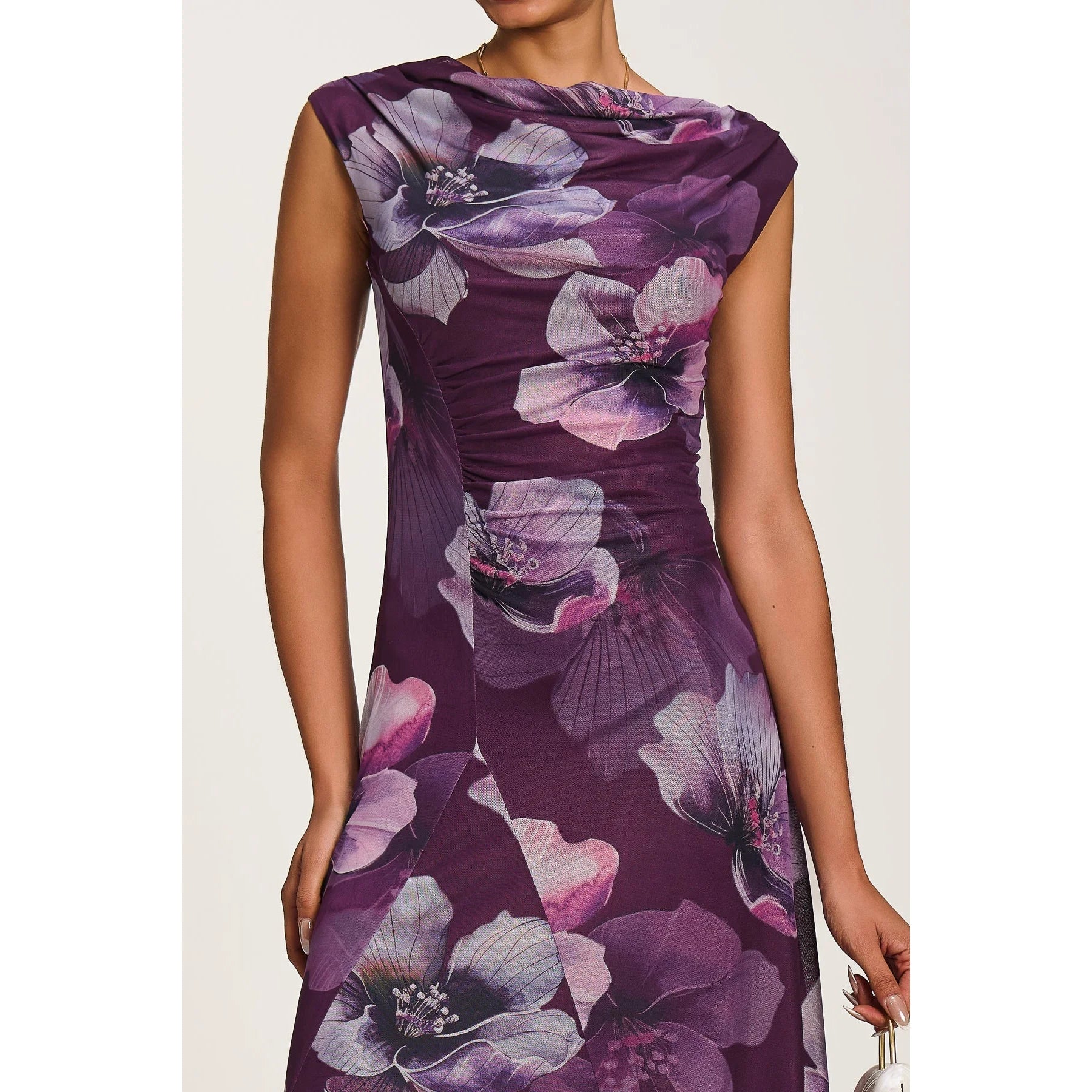 Jolie Moi Purple Floral Cowl Neck Midi Dress – Vintage Inspired Occasion Dress