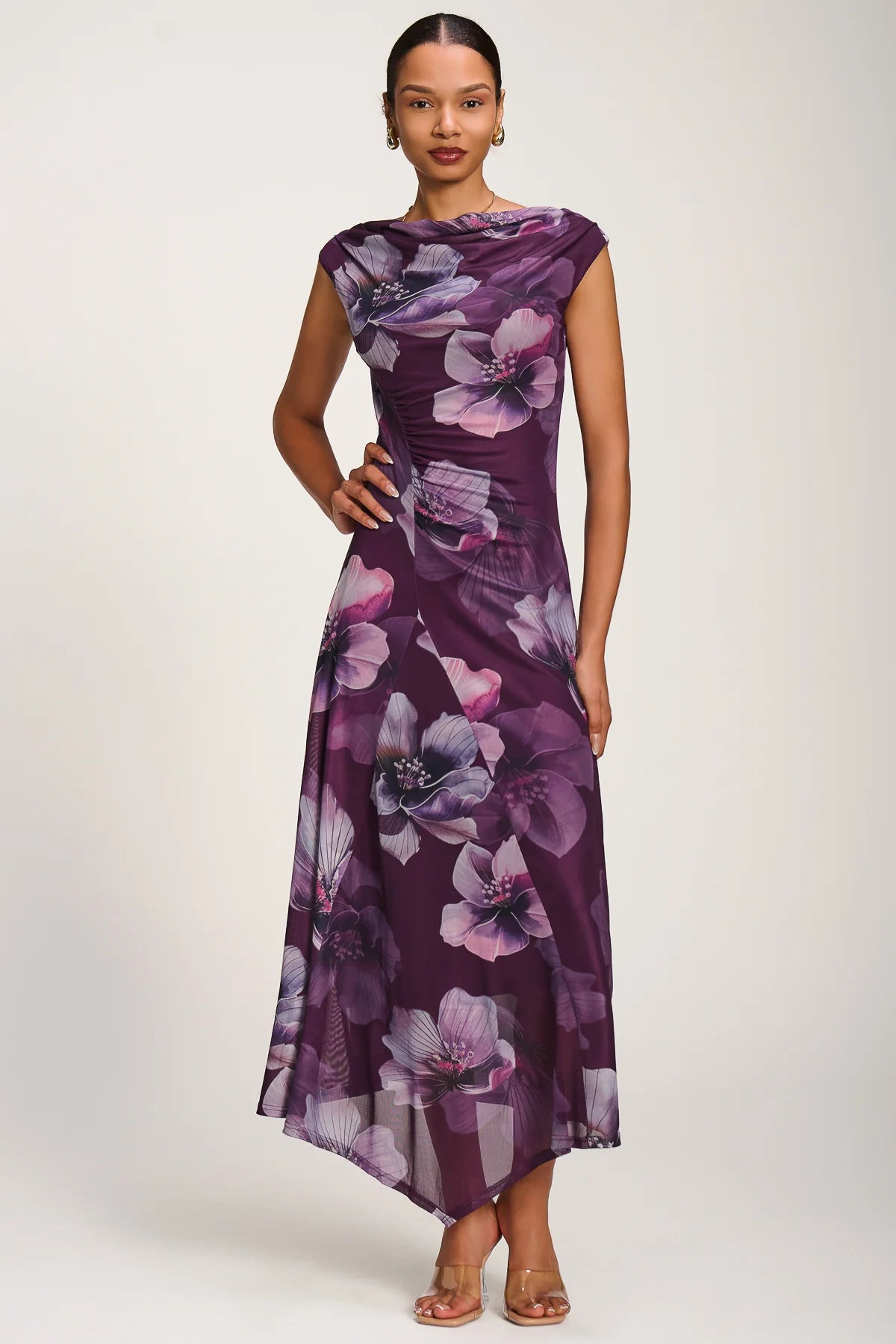 Jolie Moi Purple Floral Cowl Neck Midi Dress – Vintage Inspired Occasion Dress