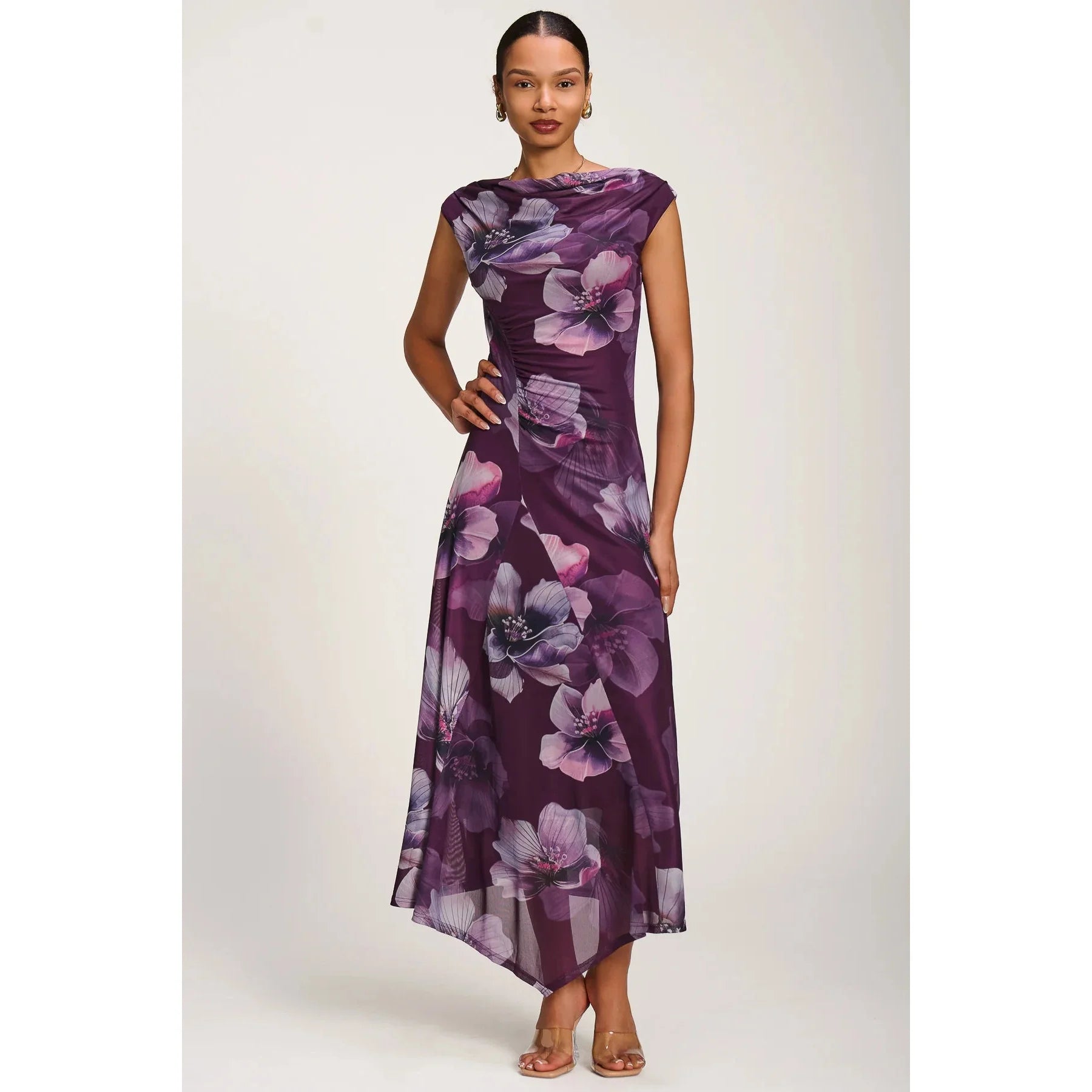 Jolie Moi Purple Floral Cowl Neck Midi Dress – Vintage Inspired Occasion Dress