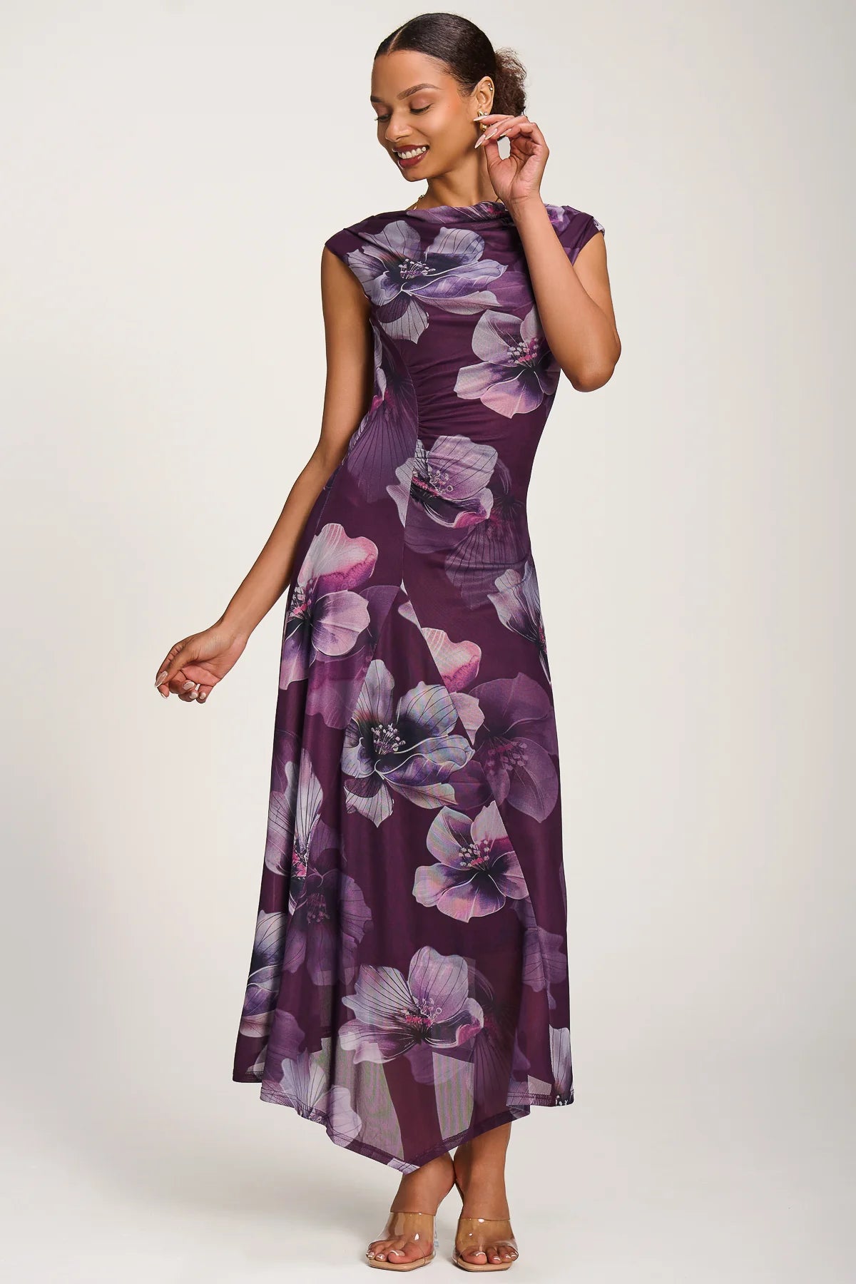 Jolie Moi Purple Floral Cowl Neck Midi Dress – Vintage Inspired Occasion Dress