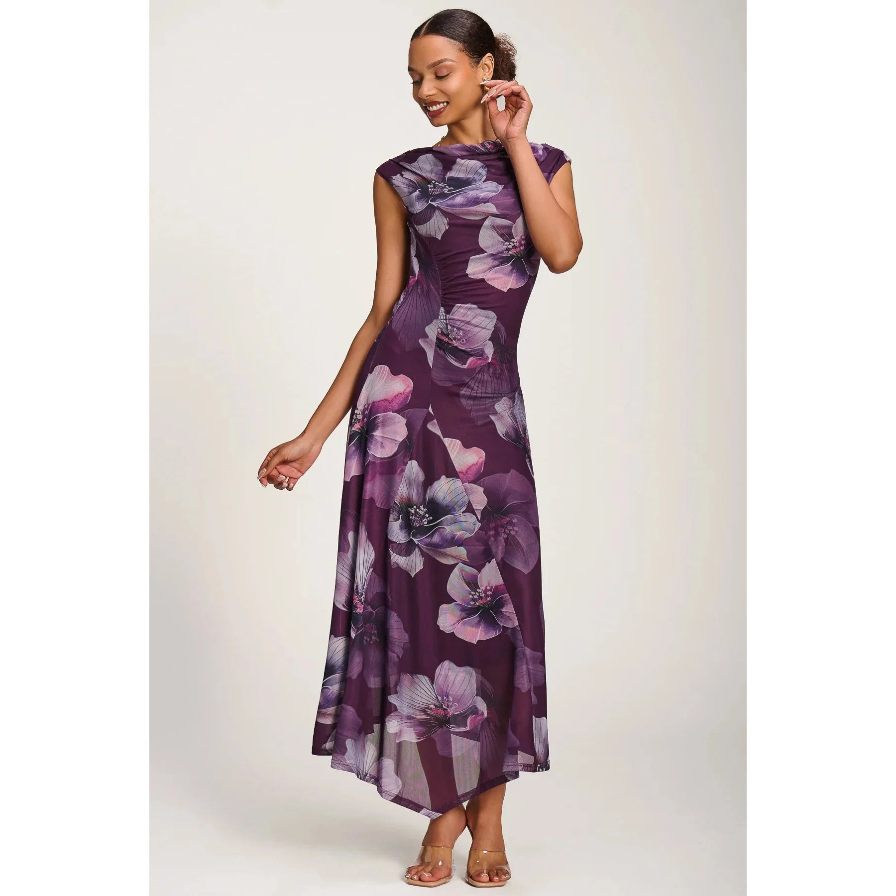 Jolie Moi Purple Floral Cowl Neck Midi Dress – Vintage Inspired Occasion Dress