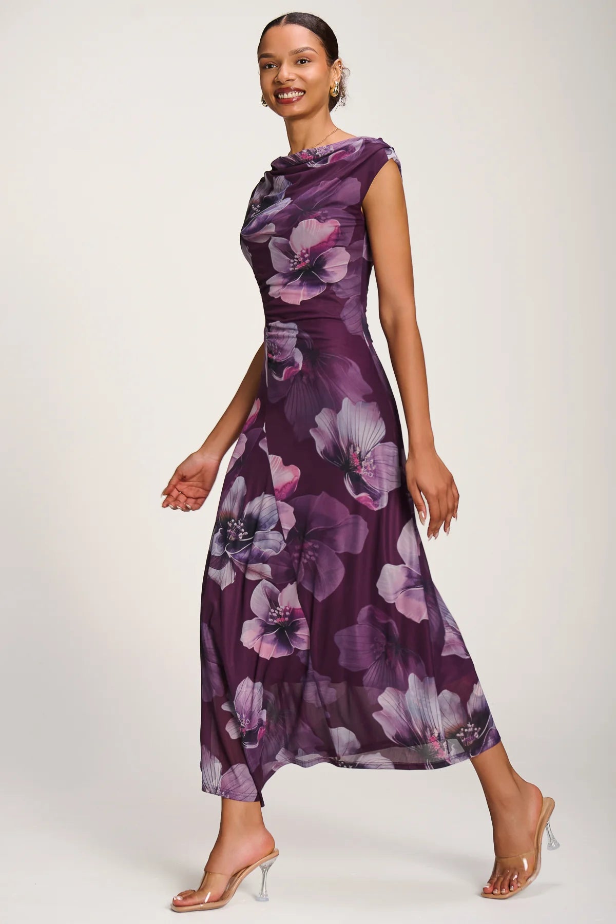 Jolie Moi Purple Floral Cowl Neck Midi Dress – Vintage Inspired Occasion Dress