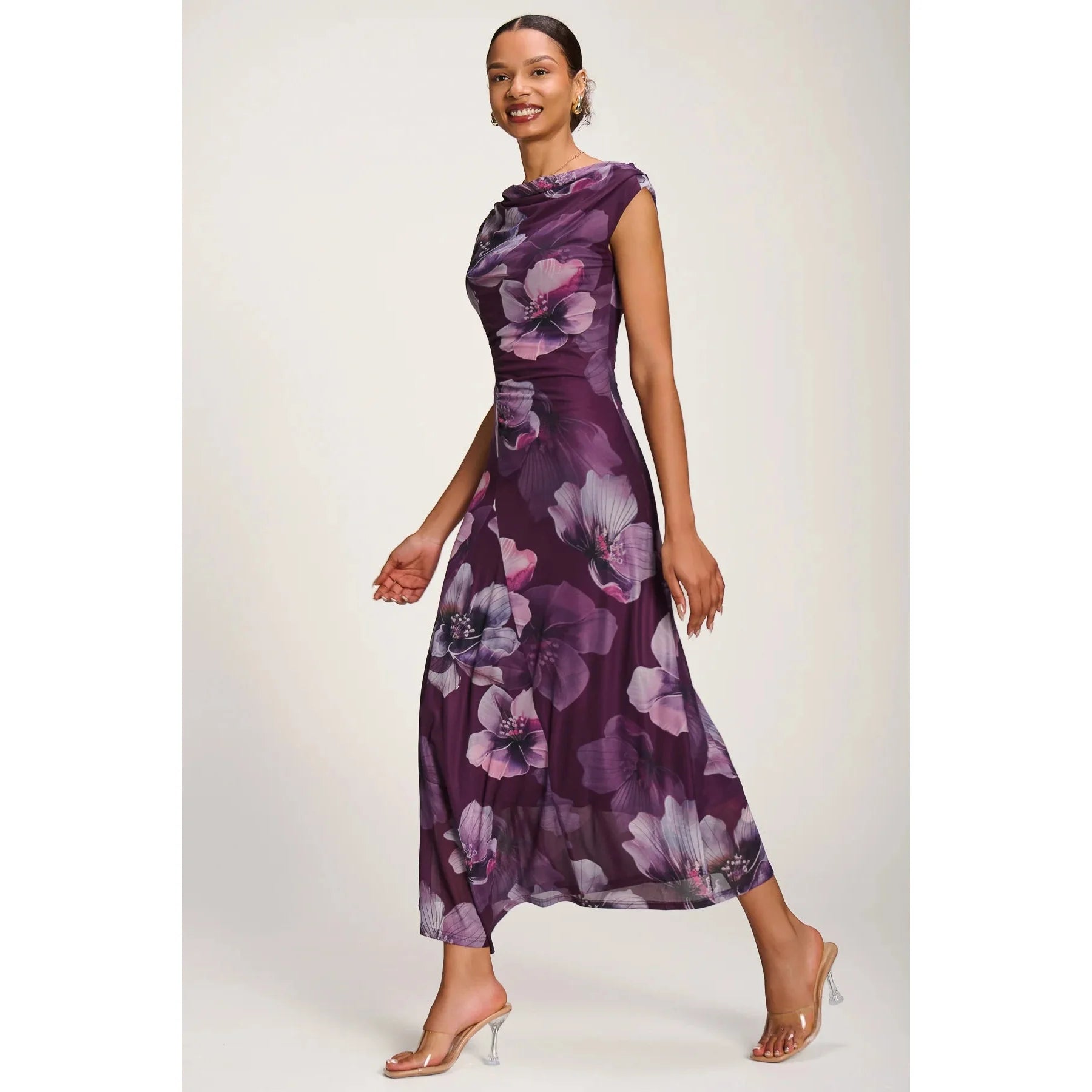 Jolie Moi Purple Floral Cowl Neck Midi Dress – Vintage Inspired Occasion Dress
