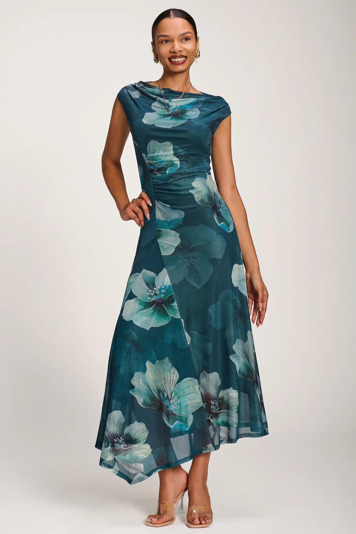 Jolie Moi Teal Green Floral Cowl Neck Midi Dress – Vintage Inspired Occasion Dress
