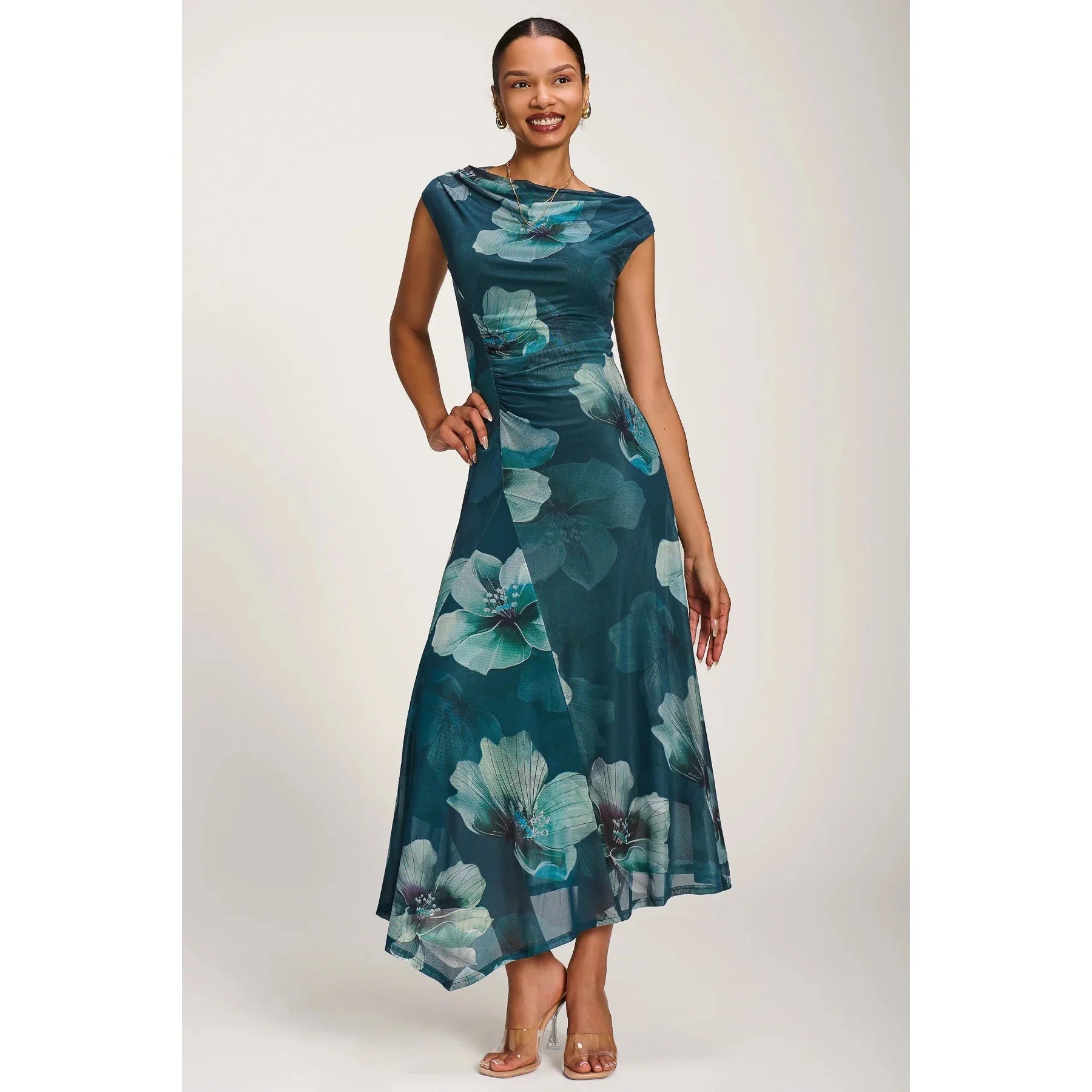 Jolie Moi Teal Green Floral Cowl Neck Midi Dress – Vintage Inspired Occasion Dress