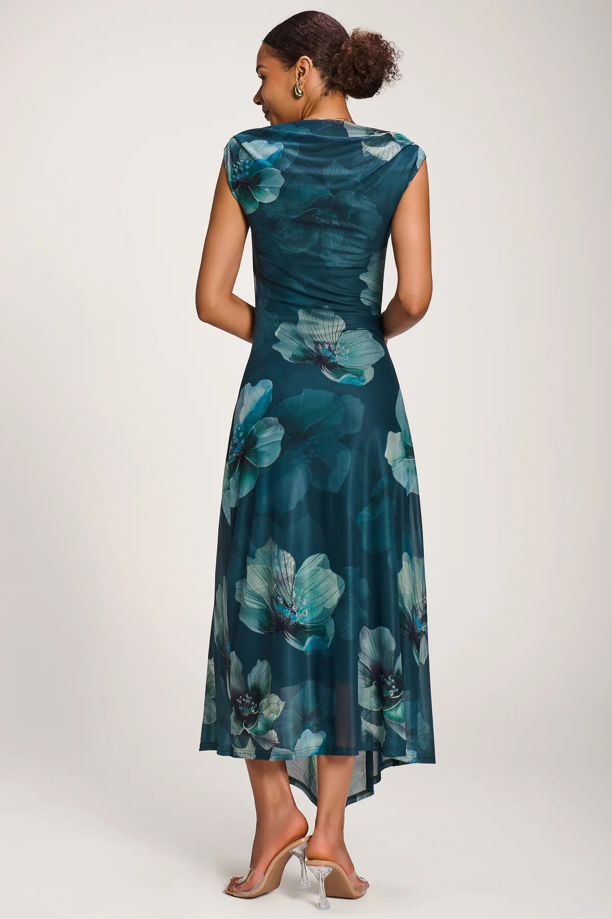 Jolie Moi Teal Green Floral Cowl Neck Midi Dress – Vintage Inspired Occasion Dress