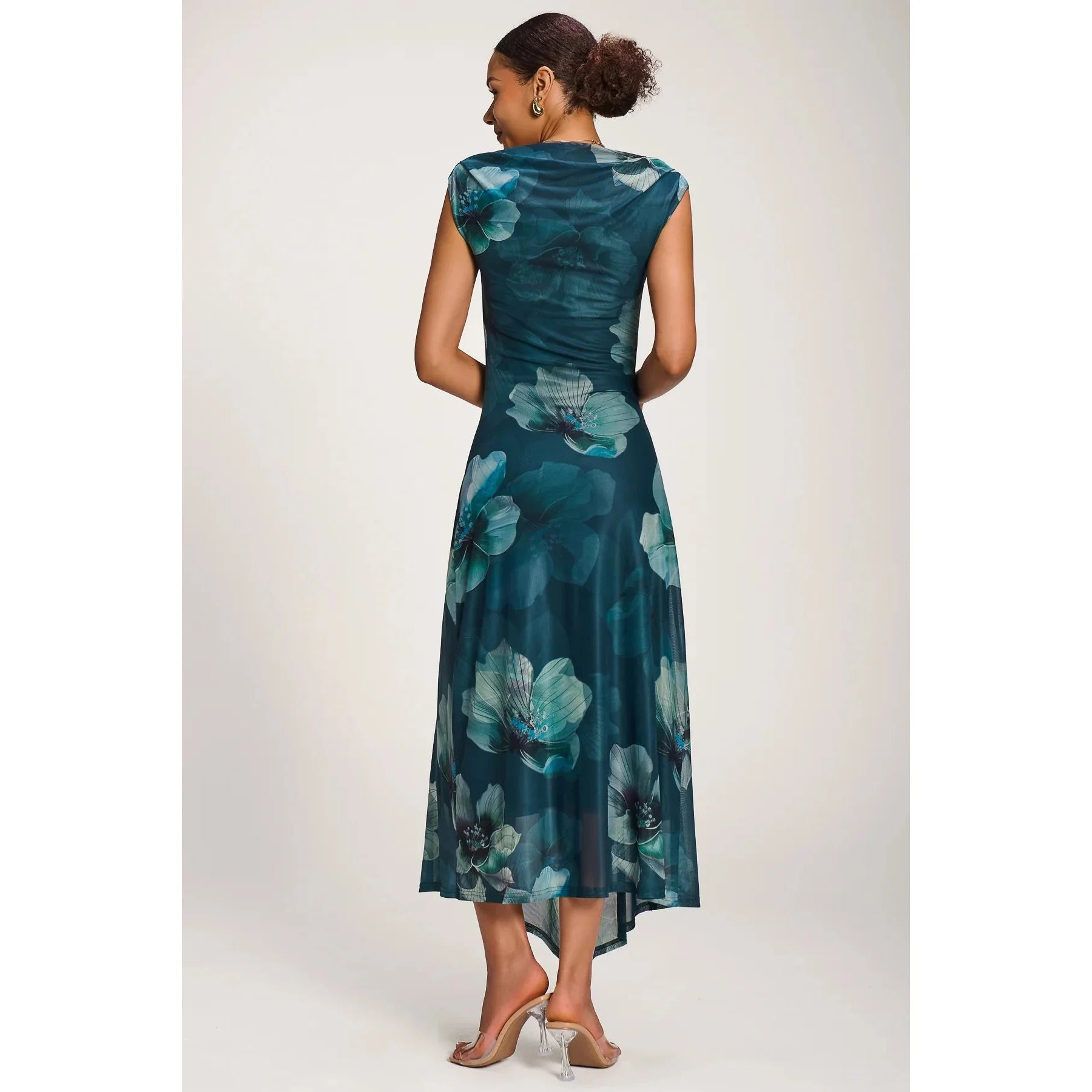 Jolie Moi Teal Green Floral Cowl Neck Midi Dress – Vintage Inspired Occasion Dress