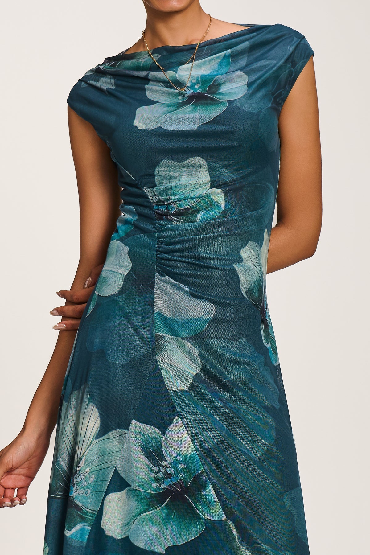 Jolie Moi Teal Green Floral Cowl Neck Midi Dress – Vintage Inspired Occasion Dress