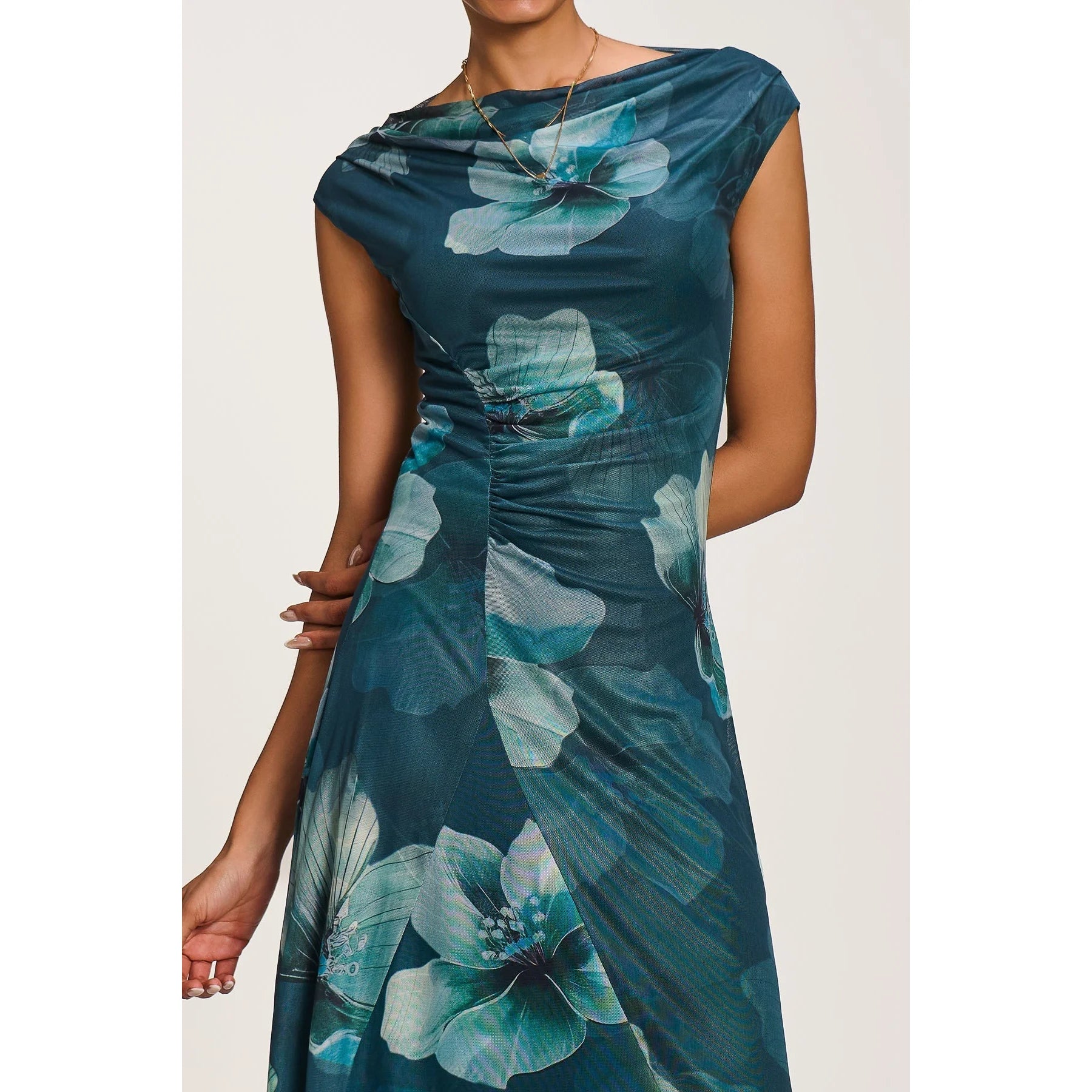 Jolie Moi Teal Green Floral Cowl Neck Midi Dress – Vintage Inspired Occasion Dress