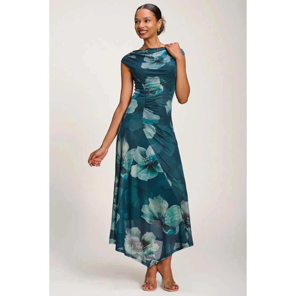Jolie Moi Teal Green Floral Cowl Neck Midi Dress – Vintage Inspired Occasion Dress
