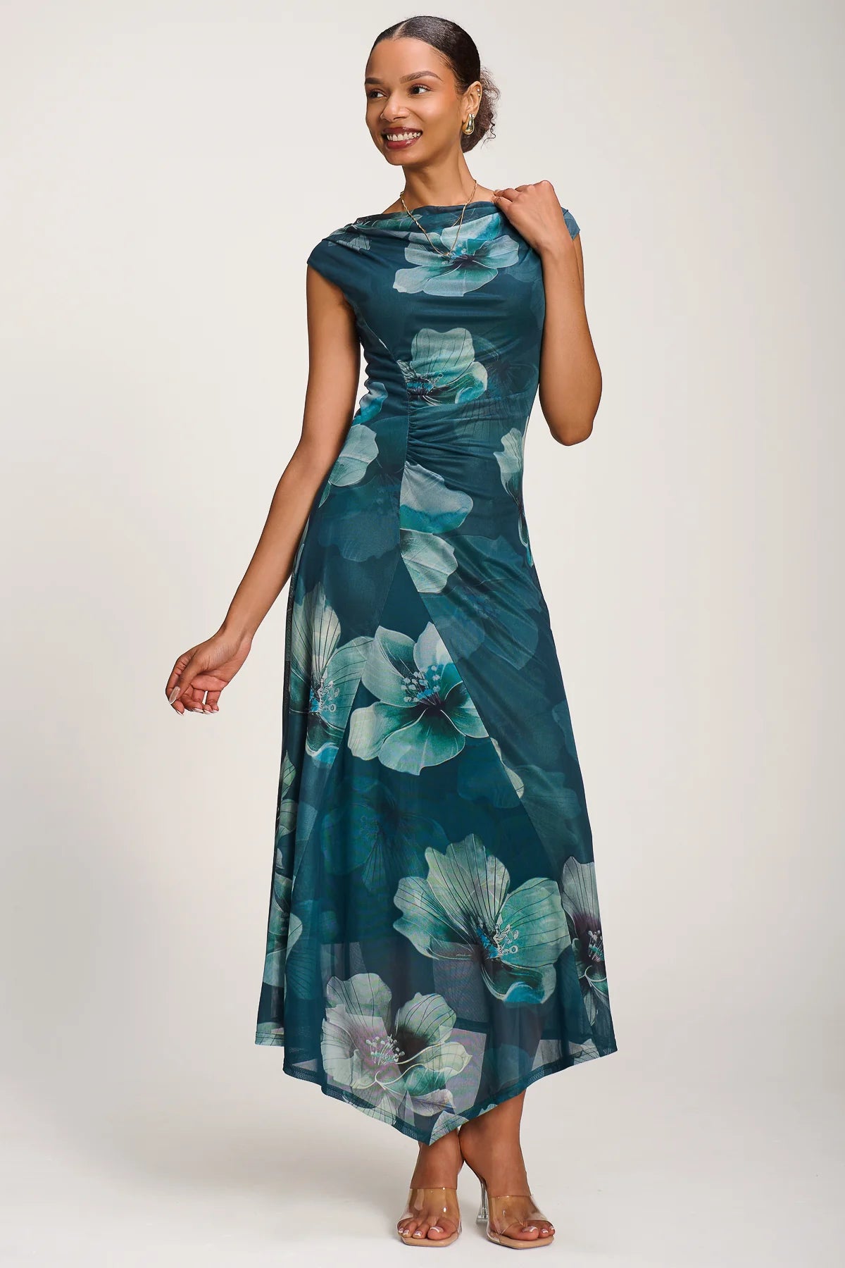 Jolie Moi Teal Green Floral Cowl Neck Midi Dress – Vintage Inspired Occasion Dress