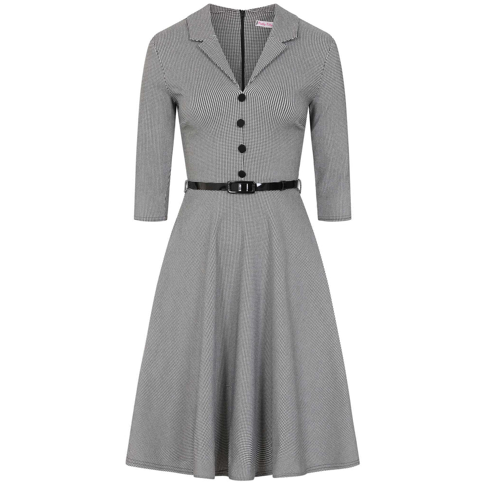Black and White Houndstooth Checked Office Work Belted Swing Dress