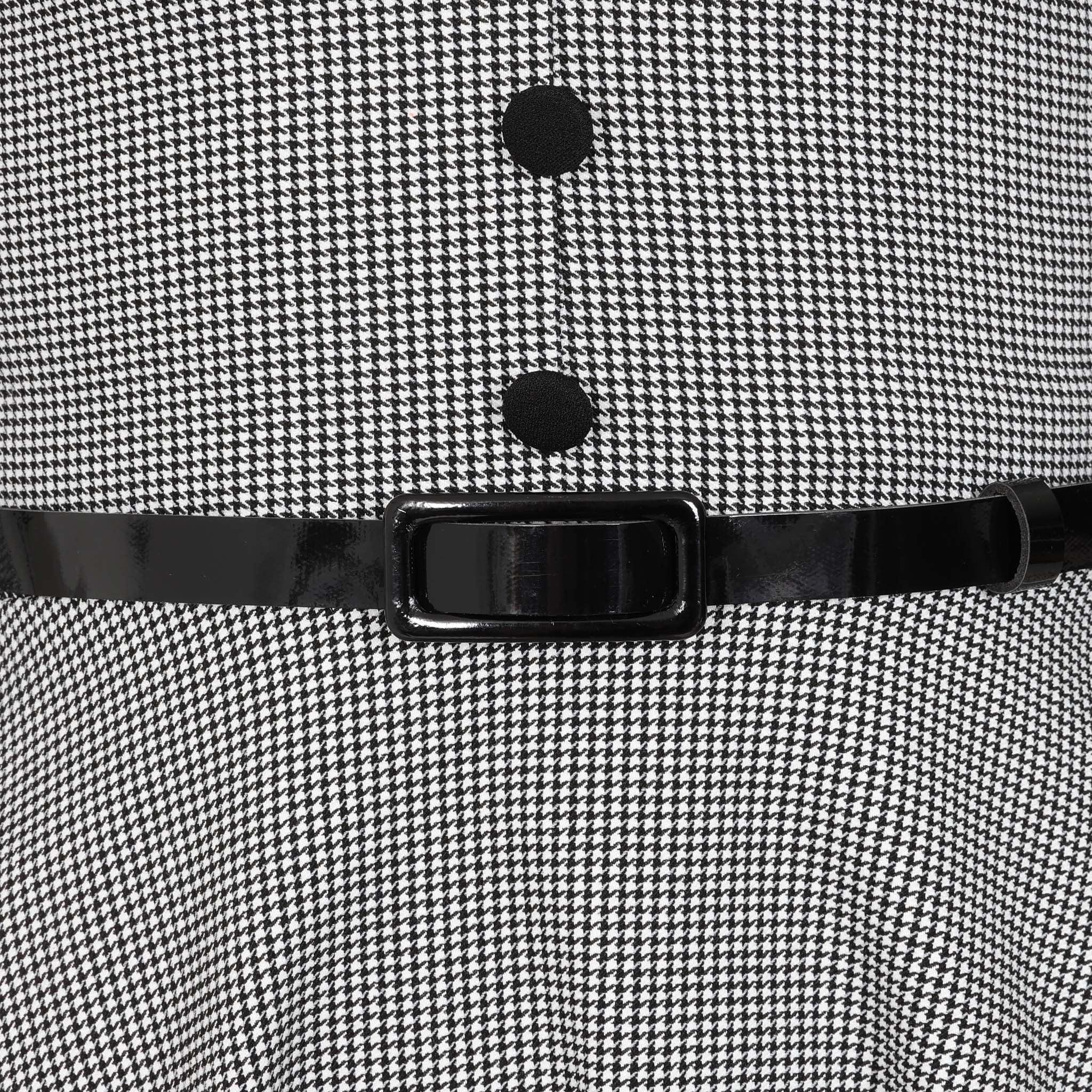 Black and White Houndstooth Checked Office Work Belted Swing Dress