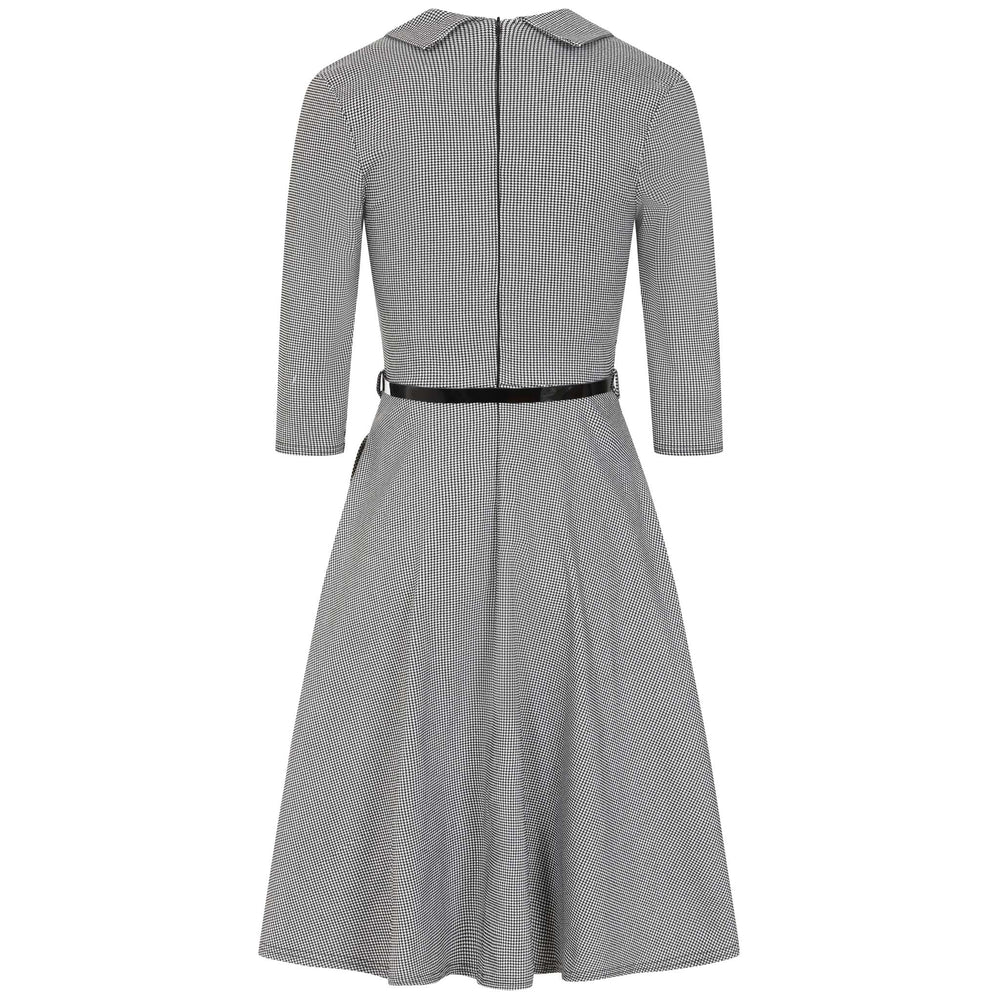 Black and White Houndstooth Checked Office Work Belted Swing Dress