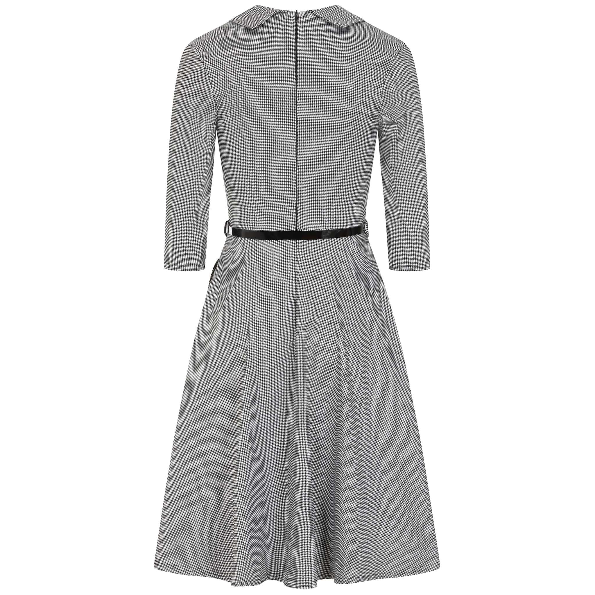 Black and White Houndstooth Checked Office Work Belted Swing Dress
