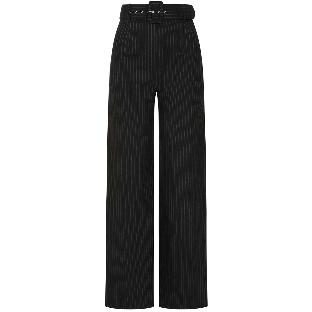 High Waistband Black Belted Pinstripe Flared Trousers