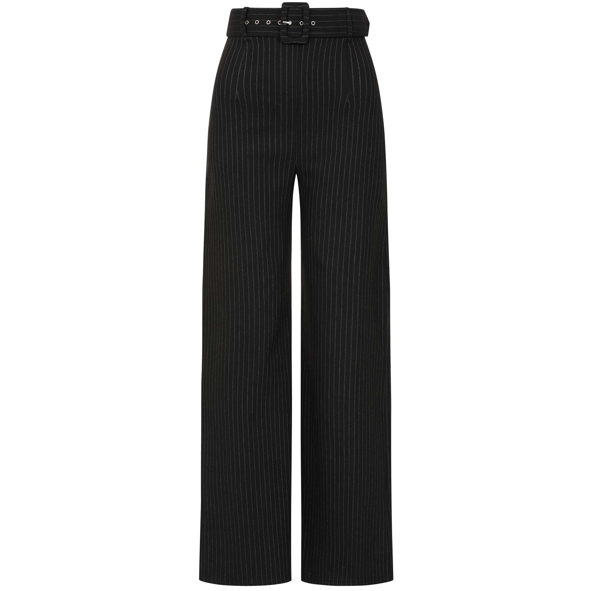High Waistband Black Belted Pinstripe Flared Trousers