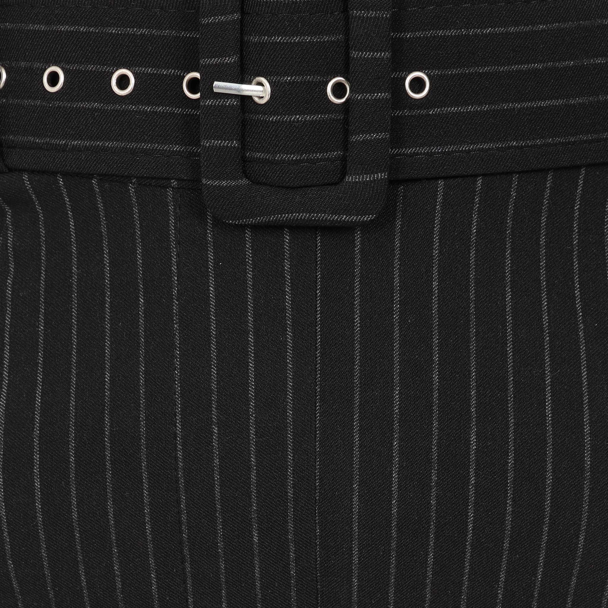 High Waistband Black Belted Pinstripe Flared Trousers