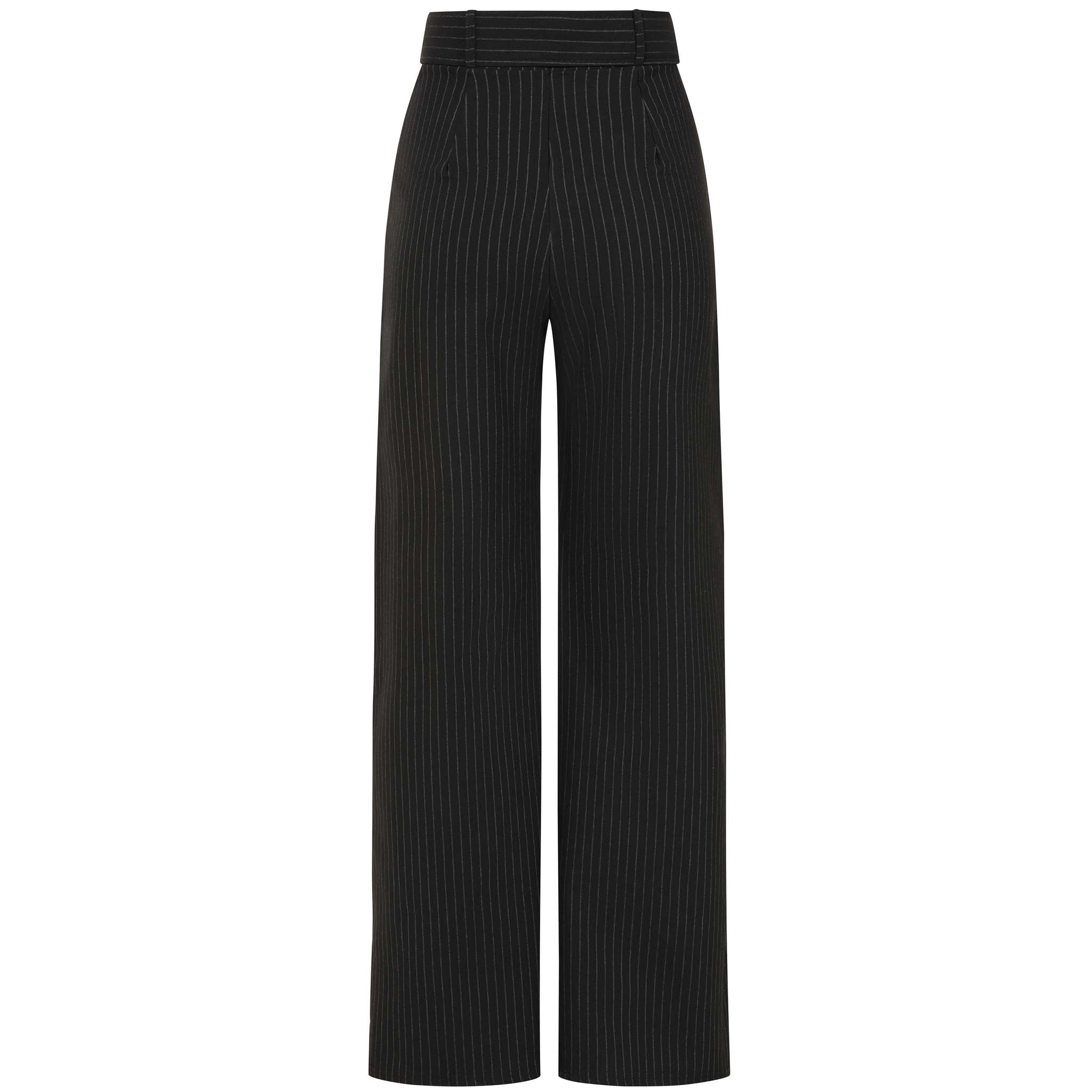 High Waistband Black Belted Pinstripe Flared Trousers