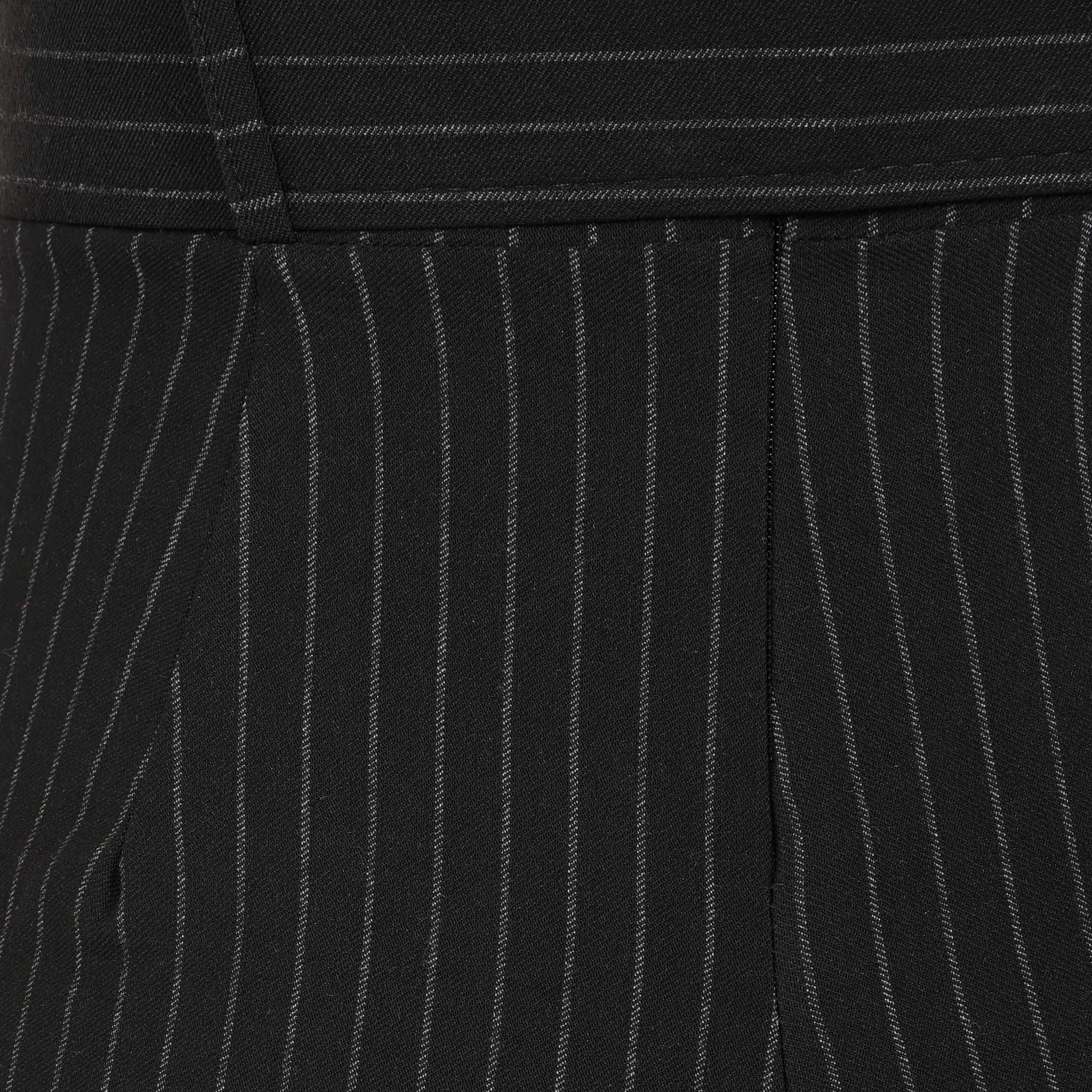 High Waistband Black Belted Pinstripe Flared Trousers