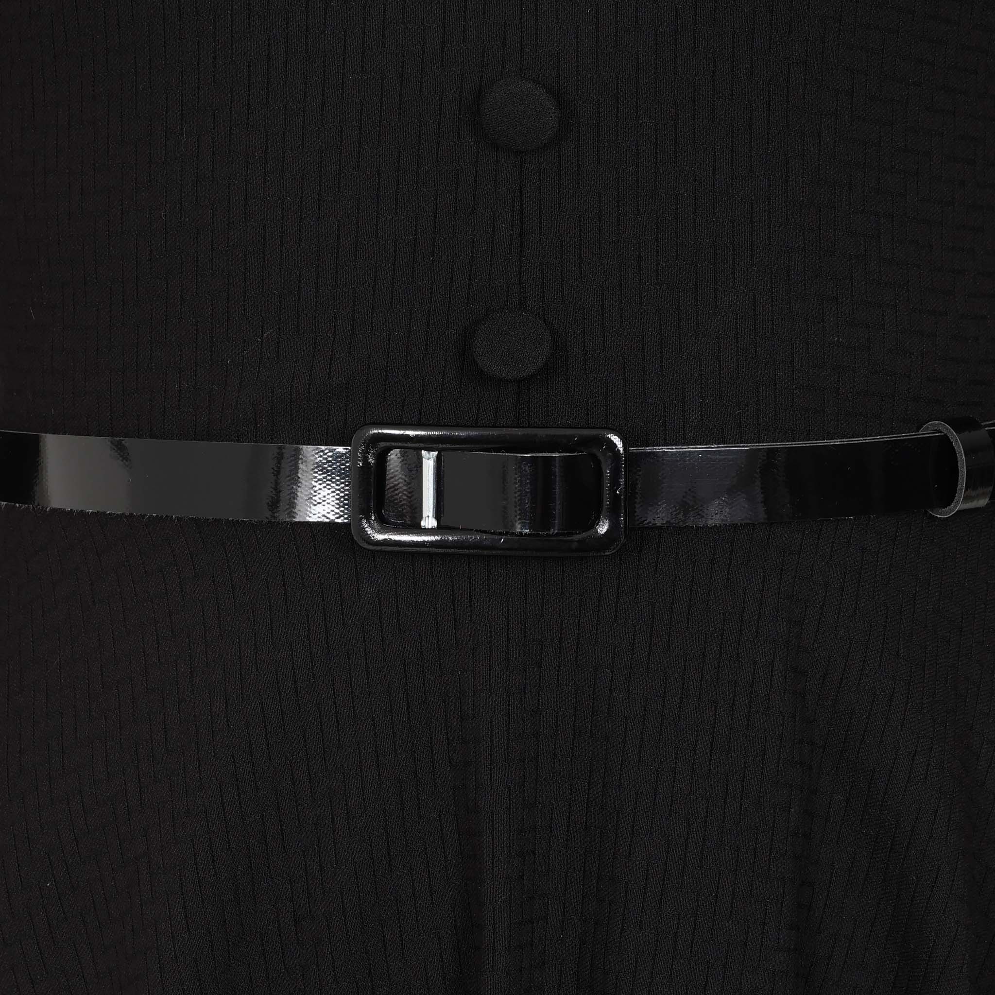 Black Textured 3/4 Sleeve Office Work Belted Swing Dress