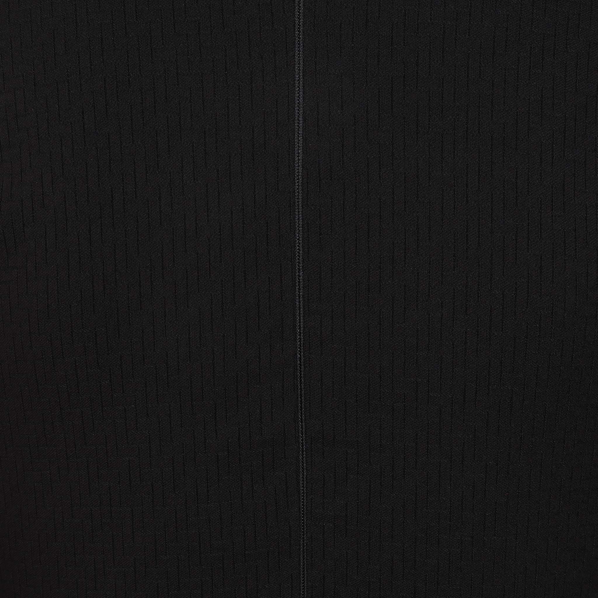 Black Textured 3/4 Sleeve Office Work Belted Swing Dress