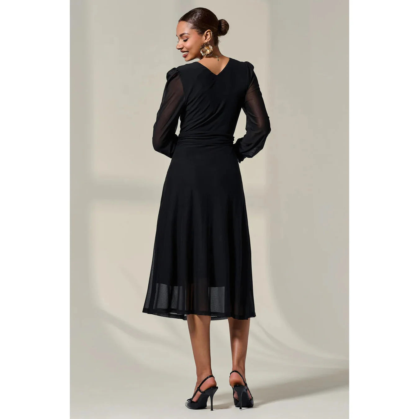 Jolie Moi Brown Black Mesh Chiffon Ruffle Sleeve Midaxi Dress