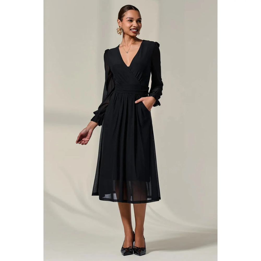 Jolie Moi Brown Black Mesh Chiffon Ruffle Sleeve Midaxi Dress