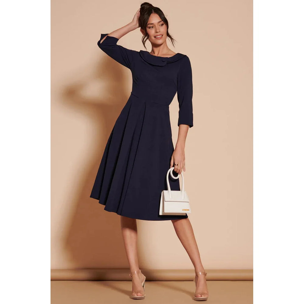 Jolie Moi Navy Fold Neck Button Detail 3/4 Sleeve Midi Dress